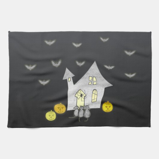 ハロウィンハウス，黒猫，こうもり，カボチャ キッチンタオル (横)