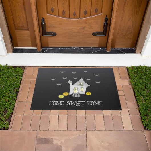ハロウィンハウス，黒猫，こうもり，カボチャ ドアマット (室外)