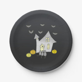 ハロウィンハウス，黒猫，こうもり，カボチャ ペーパープレート