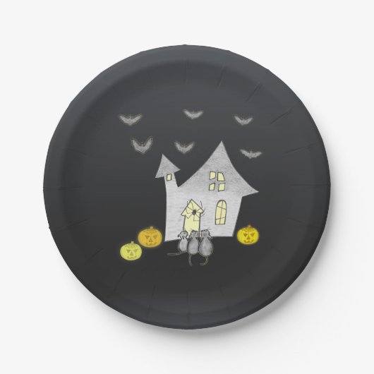 ハロウィンハウス，黒猫，こうもり，カボチャ ペーパープレート (正面)