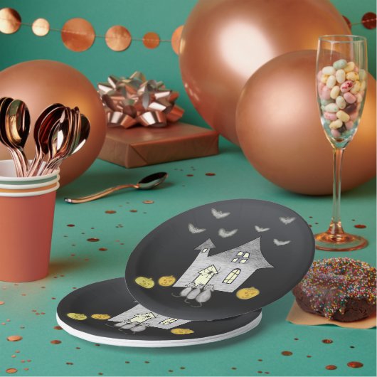 ハロウィンハウス,黒猫,こうもり,カボチャ ペーパープレート (複数)