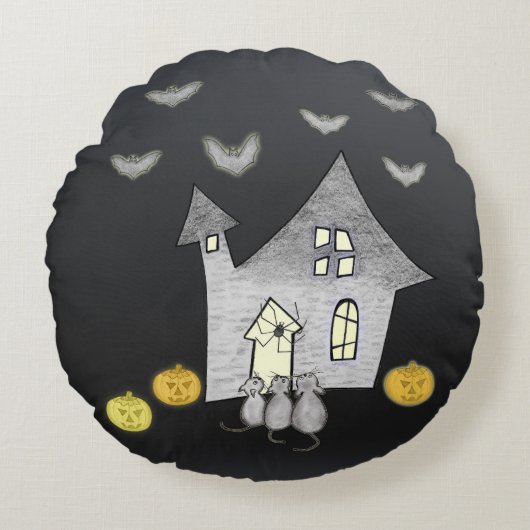 ハロウィンハウス，黒猫，こうもり，カボチャ ラウンドクッション (正面)