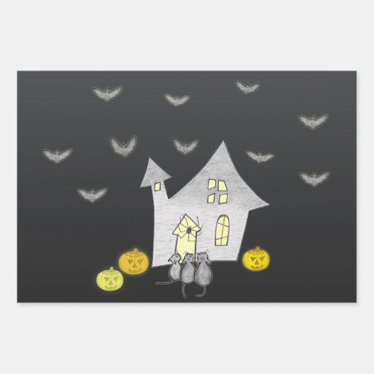 ハロウィンハウス，黒猫，こうもり，カボチャ ラッピングペーパーシート (正面)