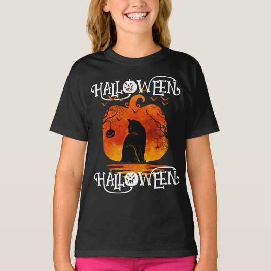 ハロウィンハロウィーンキャットブラックパンプキン Tシャツ (正面)
