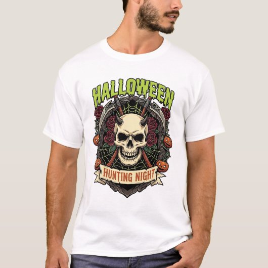 ハロウィンハンティングナイトホーンドスカルバラカツギ Tシャツ (正面)