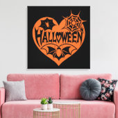 ハロウィンハート、オレンジ色のハート型、クモの巣 キャンバスプリント (インサイチュ (リビング))