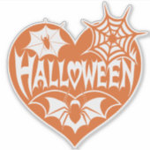 ハロウィンハート、オレンジ色のハート型、クモの巣 シール (正面)