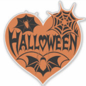 ハロウィンハート、オレンジ色のハート型、クモの巣 シール (正面)