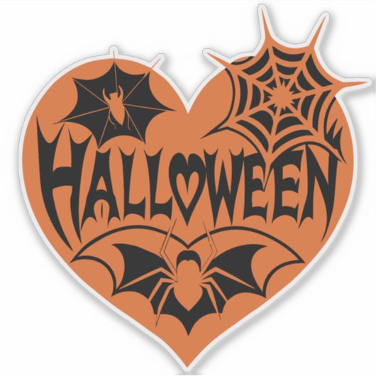 ハロウィンハート、オレンジ色のハート型、クモの巣 シール (正面)