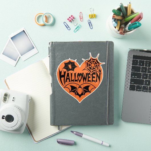 ハロウィンハート、オレンジ色のハート型、クモの巣 シール (iPadカバー)