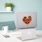 ハロウィンハート、オレンジ色のハート型、クモの巣 シール (デスク上のノートパソコン)