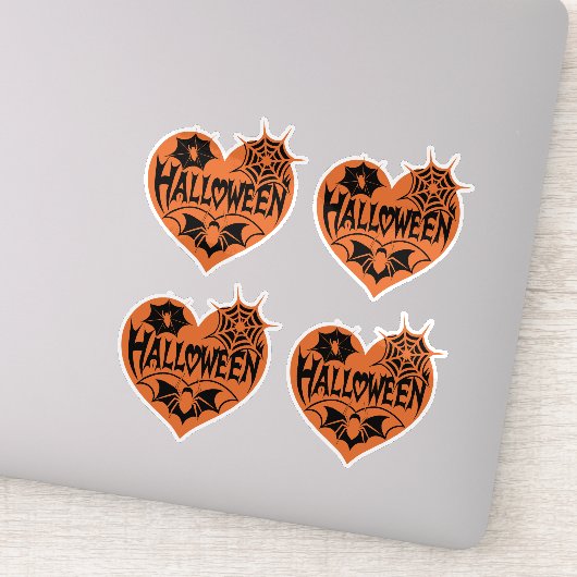 ハロウィンハート、オレンジ色のハート型、クモの巣 シール (詳細)