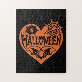 ハロウィンハート オレンジ色のハート型 クモの巣 ジグソーパズル