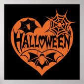 ハロウィンハート、オレンジ色のハート型、クモの巣 ポスター (正面)