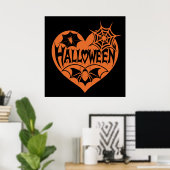 ハロウィンハート、オレンジ色のハート型、クモの巣 ポスター (ホームオフィス)