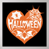 ハロウィンハート、オレンジ色のハート型、クモの巣 ポスター (正面)