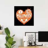 ハロウィンハート、オレンジ色のハート型、クモの巣 ポスター (ホームオフィス)