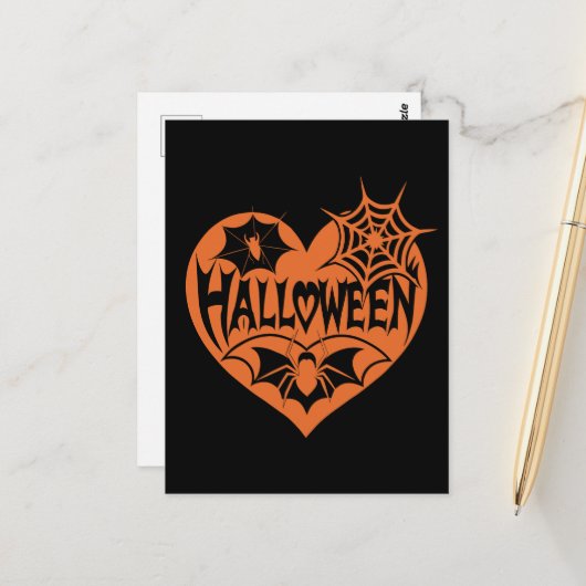 ハロウィンハート、オレンジ色のハート型、クモの巣 ポストカード (正面/裏面インサイチュ)