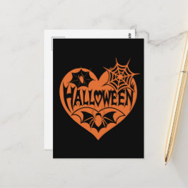 ハロウィンハート、オレンジ色のハート型、クモの巣 ポストカード