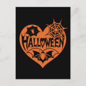 ハロウィンハート、オレンジ色のハート型、クモの巣 ポストカード (正面)