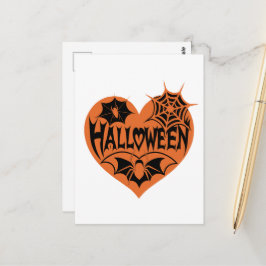 ハロウィンハート、オレンジ色のハート型、クモの巣 ポストカード
