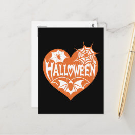 ハロウィンハート、オレンジ色のハート型、クモの巣 ポストカード