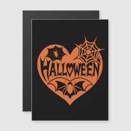 ハロウィンハート、オレンジ色のハート型、クモの巣 マグネット招待状