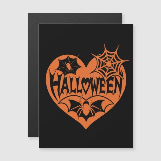 ハロウィンハート、オレンジ色のハート型、クモの巣 マグネット招待状 (正面/裏面)