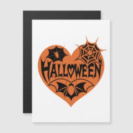 ハロウィンハート、オレンジ色のハート型、クモの巣 マグネット招待状