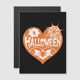 ハロウィンハート、オレンジ色のハート型、クモの巣 マグネット招待状