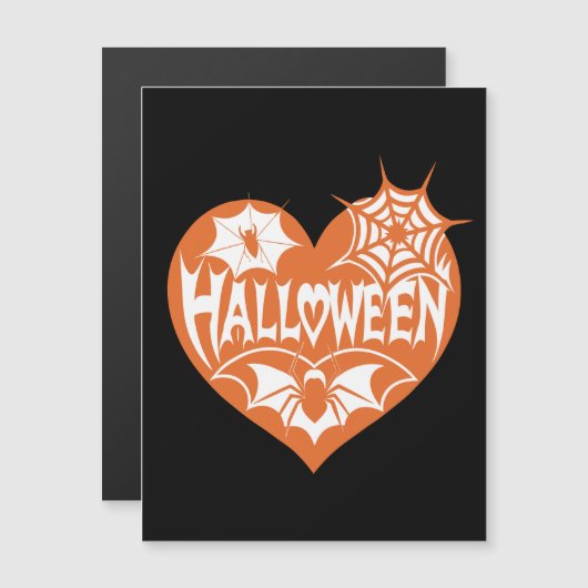ハロウィンハート、オレンジ色のハート型、クモの巣 マグネット招待状 (正面/裏面)