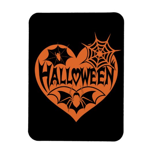 ハロウィンハート、オレンジ色のハート型、クモの巣 マグネット (縦)