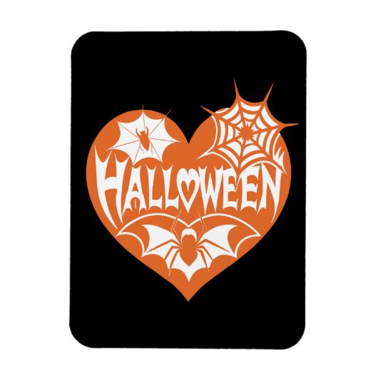ハロウィンハート、オレンジ色のハート型、クモの巣 マグネット (縦)