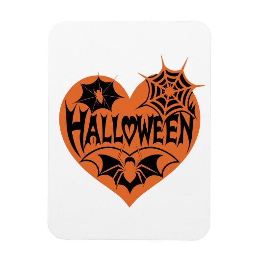 ハロウィンハート、オレンジ色のハート型、クモの巣 マグネット (縦)
