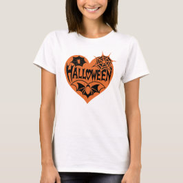 ハロウィンハート、オレンジ色のハート型、クモの巣 Tシャツ
