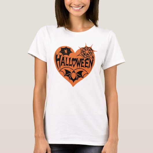 ハロウィンハート、オレンジ色のハート型、クモの巣 Tシャツ (正面)