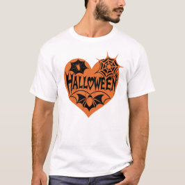 ハロウィンハート、オレンジ色のハート型、クモの巣 Tシャツ