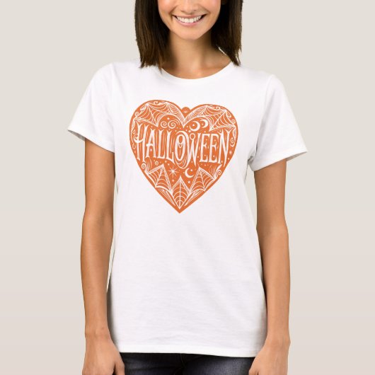ハロウィンハート、オレンジ色のハート型、ホリデー Tシャツ (正面)