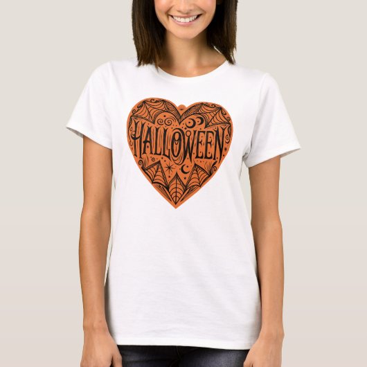ハロウィンハート、オレンジ色のハート型、ホリデー Tシャツ (正面)