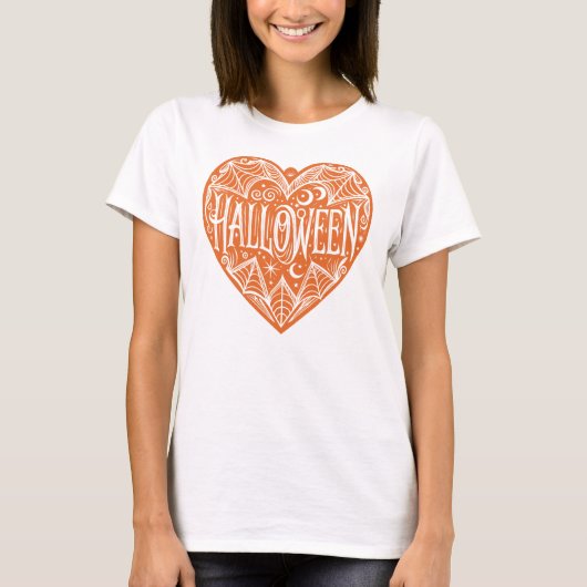ハロウィンハート、オレンジ色のハート型、ホリデー Tシャツ (正面)