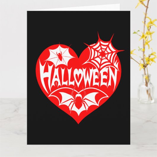ハロウィンハート、赤いハートの形、クモの巣 カード (黄色い花)