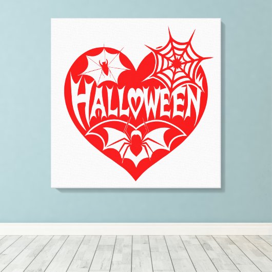 ハロウィンハート、赤いハートの形、クモの巣 キャンバスプリント (インサイチュ (ウッドフロア))