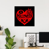 ハロウィンハート、赤いハートの形、クモの巣 ポスター (ホームオフィス)