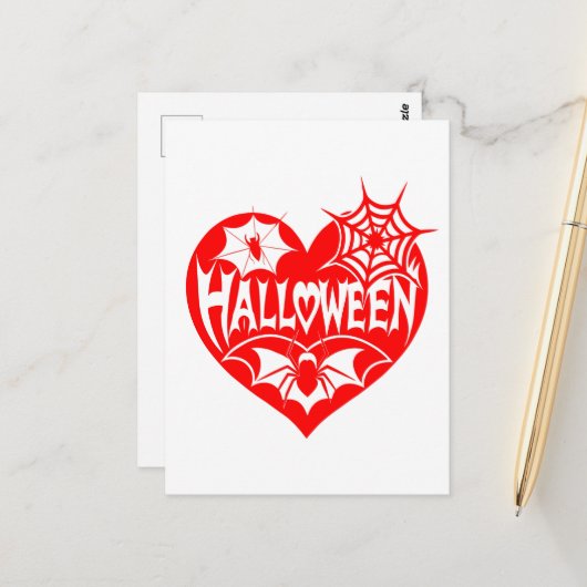 ハロウィンハート、赤いハートの形、クモの巣 ポストカード (正面/裏面インサイチュ)