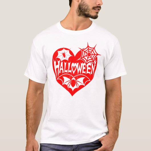 ハロウィンハート、赤いハートの形、クモの巣 Tシャツ (正面)