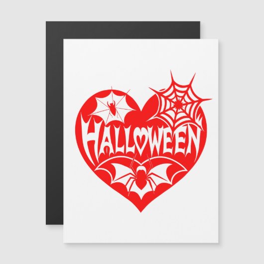 ハロウィンハート、赤いハート型、クモの巣 マグネット招待状 (正面/裏面)