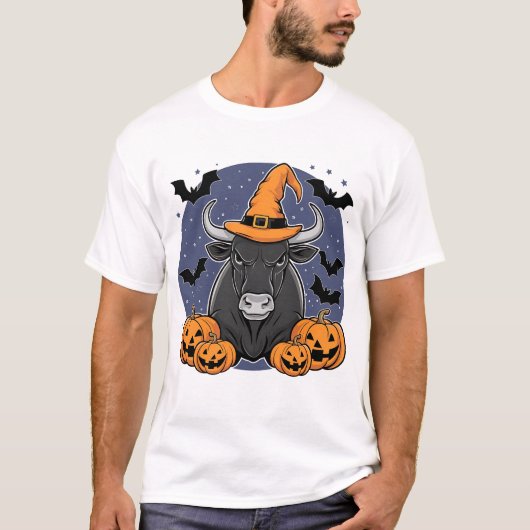 ハロウィンバイソン不気味ウィッチハットとカボチャ Tシャツ (正面)