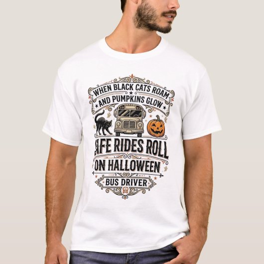 ハロウィンバス運転手スプーキー ビンテージ風彫刻 シャツ (正面)