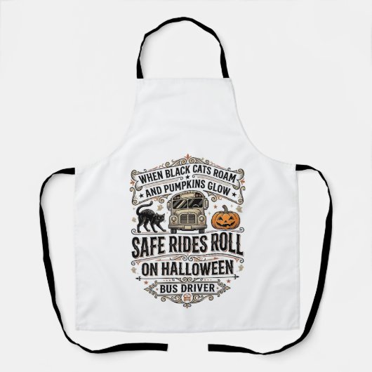 ハロウィンバス運転手スプーキー ビンテージ風彫刻Tシャツ エプロン (正面)