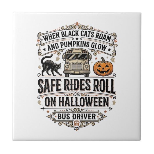 ハロウィンバス運転手スプーキー ビンテージ風彫刻Tシャツ タイル (正面)